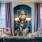 a room with a bed and a couch with a painting on the wall
